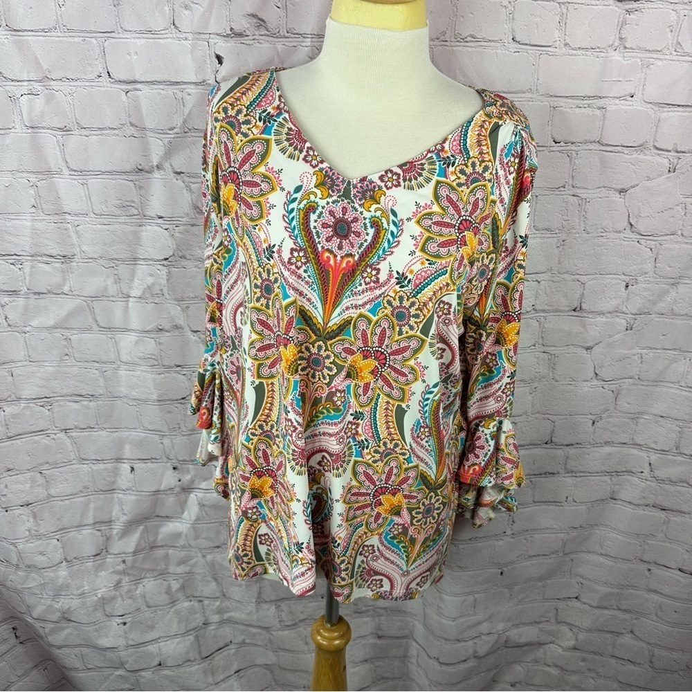 allison daley Colorful Paisley peasant Top boho western business casual sz L